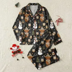 Holiday Enthusiasts' Adorable Highland Cow & Snowman Christmas Pattern with Leopard Hats, Golden Accents on Charcoal Black Satin Pajamas Set