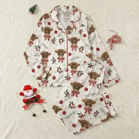 Cozy Christmas Lovers' Brown Highland Cow Heads, Red Plaid Bows, Green Berry Wreaths, Dark Red Ornaments, Off-White Background Satin Pajamas Set