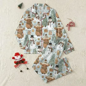 Cozy Winter Wonderland Fans' Fluffy Highland Calf Snowman Plaid Leopard Cream Brown Green Holiday Scene Satin Pajamas Set