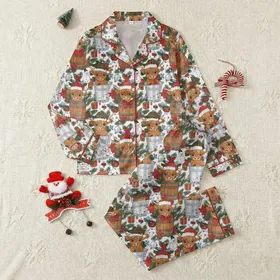 Christmas Animal Lovers' Whimsical Highland Calf Christmas Barrel Pattern with Red Santa Hats, Green Pines, Gold Accents Satin Pajamas Set
