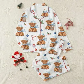 Holiday Crafters' Whimsical Watercolor Highland Cow Christmas Pattern with Blue Santa Hats & Snowy Buckets Satin Pajamas Set