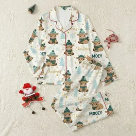 Festive Animal Lovers' Whimsical Fluffy Highland Cow Aqua Teal Plaid Christmas Tree Design Satin Pajamas Set