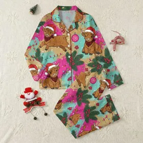 Rustic Christmas Lovers' Whimsical Fluffy Highland Calves Red Plaid Green Pine Pattern Satin Pajamas Set