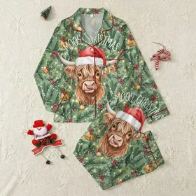 Farmhouse Holiday Enthusiasts' Watercolor Highland Cow Santa Hat Red Berries Green Holly Foliage MOOOY CHRISTMAS Satin Pajamas Set