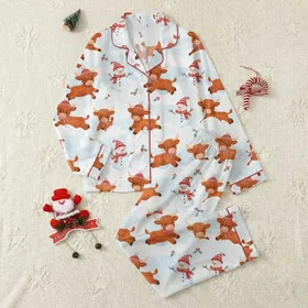 Festive Family Fans' Whimsical Highland Cow & Snowman Christmas Pattern Rusty Orange Red Stripes Satin Pajamas Set
