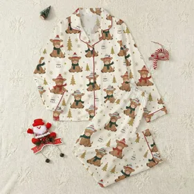Festive Animal Lovers Adorable Highland Cow Plaid Scarf Hot Cocoa Christmas Trees Gold Glitter Pattern Satin Pajamas Set