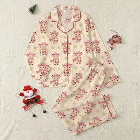 Winter Lovers' Whimsical Baby Highland Cow Hot Pink Gold Glitter Snowflake Knitted Hat Pattern Satin Pajamas Set