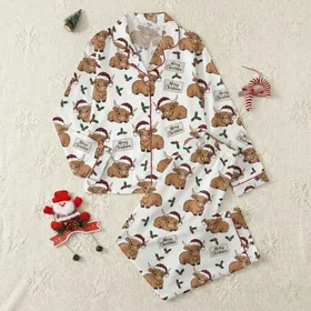 Holiday Animal Lovers' Whimsical Reddish-Brown Baby Highland Cow Pattern with Red Plaid Santa Hats, Green Holly, and Merry Christmas Text Satin Pajamas Set