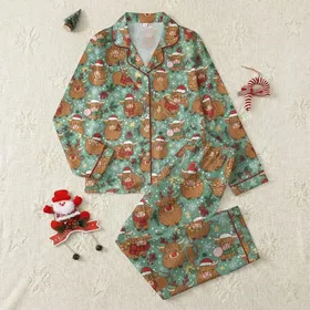 Christmas Highland Cow Lovers' Whimsical Festive Pattern: Santa Hat Cows, Reindeer Antlers, String Lights, Holly Berries, Rustic Illustrative Design Satin Pajamas Set
