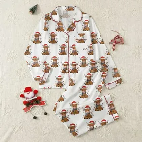 Festive Animal Lovers Whimsical Cartoon Highland Cow Design with Multicolor Christmas Lights, Red Santa Hat & Buffalo Plaid Scarf Satin Pajamas Set