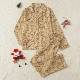 Women's Rustic Western Sandy Beige Sepia Sketch Cowboy Boots Cacti Longhorn & Lasso Pattern Satin Pajamas Set
