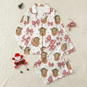 Coquette Western Christmas Lovers' Whimsical Highland Cow Red Plaid Bow & Wreath Pattern Satin Pajamas Set