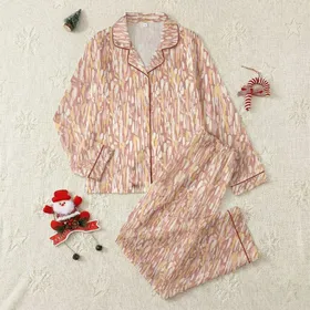 Women's Hand-Drawn Organic Brushstroke Botanical Pattern in Pale Rose Muted Peach Yellow Satin Pajamas Set