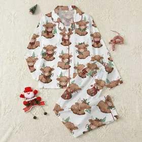 Festive Animal Lovers' Whimsical Christmas Highland Cow Calves, Red Plaid Bows, Green Holly, Candy Canes Satin Pajamas Set
