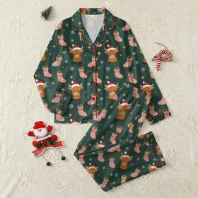 Girly Christmas Enthusiasts' Adorable Highland Cow Red Santa Hat Pink Christmas Stockings Gold Star Green Pattern Satin Pajamas Set