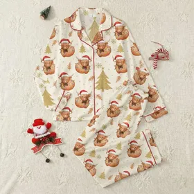 Cozy Christmas Lovers' Whimsical Watercolor Highland Cow Santa Hat Lights Glitter Pattern Satin Pajamas Set