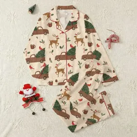 Christmas Enthusiasts' Whimsical Vintage Cream Winter Forest Truck, Deer, & Cardinal Pattern Satin Pajamas Set