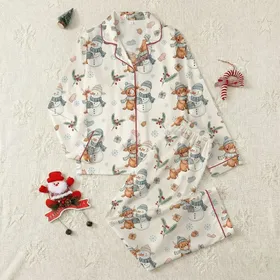 Cozy Winter Lovers' Whimsical Fluffy Highland Cow Snowman Hot Cocoa Blue-Grey Pattern Satin Pajamas Set