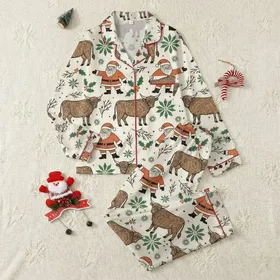 Boho Western Christmas Fans' Rustic Linocut Santa Highland Cow Terracotta Orange Forest Green All-Over Pattern Satin Pajamas Set