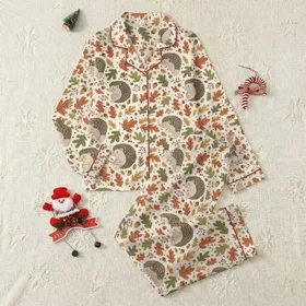 Hedgehog Lovers' Whimsical Hand-Drawn Hedgehogs with Olive Green Autumn Botanical Pattern Satin Pajamas Set