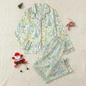 Botanical Lovers' Hand-Drawn Watercolor Desert Cacti & Succulents Pattern, Sage, Teal, Coral Blossoms Satin Pajamas Set