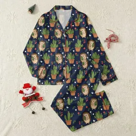 Hedgehog Lovers' Whimsical Navy Blue Cacti & Hedgehog Pattern with Red Berries Satin Pajamas Set