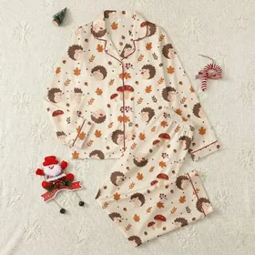 Hedgehog Lovers' Whimsical Autumn Forest Floor Pattern with Burnt Orange Leaves and Cute Cartoon Hedgehogs Satin Pajamas Set