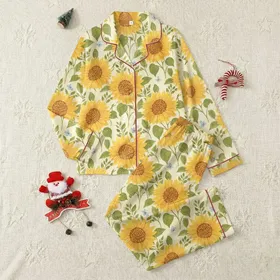 Women's Golden Yellow Sunflower & Light Blue Butterfly Creamy Yellow Watercolor Floral Satin Pajamas Set