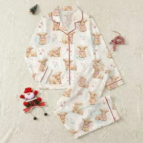 Cozy Style Fans' Watercolor Baby Highland Cow Pink Plaid Scarf Blush Floral & Lavender Foliage Satin Pajamas Set