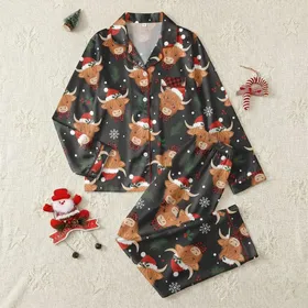 Family Christmas Enthusiasts' Whimsical Highland Cow Red Santa Hat Holly Buffalo Plaid Snowflake Design Satin Pajamas Set