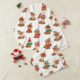 Winter Charm Lovers' Whimsical Fluffy Highland Cow Red White Knit Hat Holly Berry Seamless Pattern Satin Pajamas Set