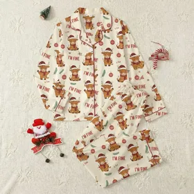 Holiday Humor Enthusiasts' Whimsical Highland Cow Christmas Lights, Red Plaid Santa Hats, Sarcastic 'I'm Fine' on Cream Satin Pajamas Set