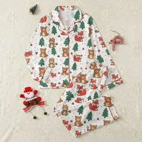 Festive Family Whimsical Christmas Squirrel Fox Bear Pattern with Red Green Gold Accents on White Satin Pajamas Set