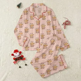 Whimsical Animal Lovers' Peachy Pink Watercolor Highland Cow 'Love You' Phrase Pattern Satin Pajamas Set