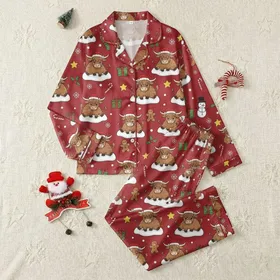 Christmas Lovers' Vibrant Red Whimsical Highland Cow Santa Hat Gingerbread Holly Snow Design Satin Pajamas Set