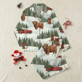 Rural Holiday Fans' Textured Muted Green Winter Forest Highland Cow Red Truck Snowy Boots All-Over Scene Satin Pajamas Set