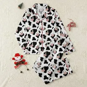 Adults' Whimsical Black Spotted Cow Face Pattern Pink Nose Yellow Horns Satin Pajamas Set