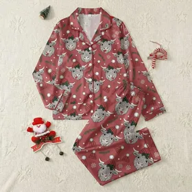 Highland Cow Enthusiasts' Whimsical Cranberry Red Christmas Pattern with Festive Hats and Plaid Bows Satin Pajamas Set