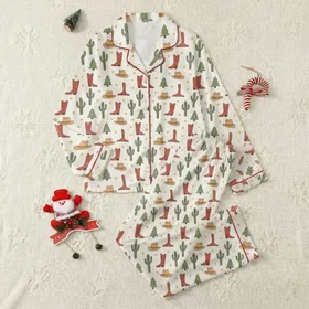 Western Family Whimsical Off-White Cowboy Boots, Hats, Green Cacti, Forest Trees, Golden Stars Pattern Satin Pajamas Set