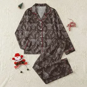 Highland Cow Lovers' Seamless Repeating White Line Art Highland Cow Heads & Rustic Foliage on Espresso Brown Satin Pajamas Set
