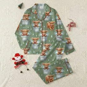Country Lifestyle Enthusiasts' Playful Watercolor Highland Calves in Rustic Buckets on Moss Green Satin Pajamas Set