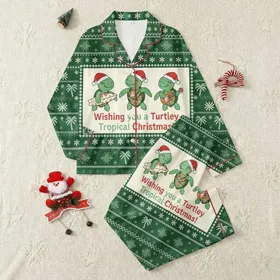 Holiday Families' Forest Green Cream Ugly Sweater Fair Isle Tropical Sea Turtle Christmas Knit Satin Pajamas Set