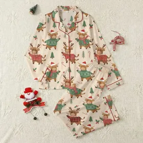Children's & Family Whimsical Festive Highland Cow Pattern with Christmas Sweaters Santa Hats & Colorful Lights Satin Pajamas Set