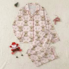 Baby Girls' Whimsical Pastel Pink Hand-Drawn Baby Highland Cow Daisy Clover Pattern Satin Pajamas Set