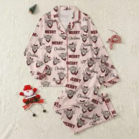 Festive Family Pink Highland Cow Red Black Buffalo Plaid 'Merry' & 'Christmas' Script Pattern Satin Pajamas Set