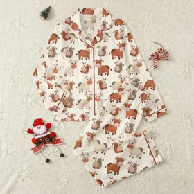 Whimsical Cow Lovers' Seamless Crochet-Style Playful Cow Pattern Muted Terracotta Pink Satin Pajamas Set