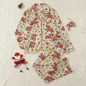 Farm Animal Lovers' Whimsical Fluffy Brown Baby Highland Cow Yellow Orange Sunflower Basket Flat Art Satin Pajamas Set