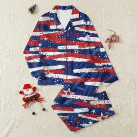 Women's Deep Royal Blue Red White Abstract Grunge Patriotic Star Splatter Brushstroke Art Satin Pajamas Set