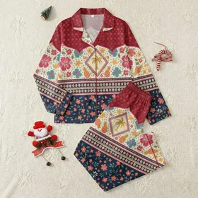 Women's Vintage Bohemian Illustrative Crimson Maroon Hibiscus Pineapple Palm Diamond Motif with Geometric Floral Bands Satin Pajamas Set