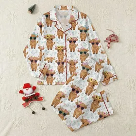 Highland Cow Fans' Whimsical Calf Art, Floral Wreaths, Pink Gingham & Teal Sunglasses Motif Satin Pajamas Set
